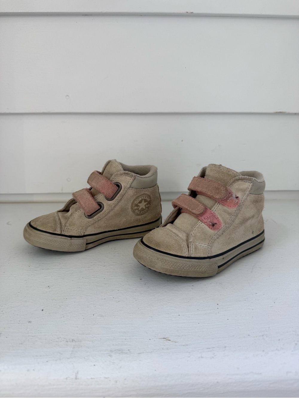 Kids Converse Suede High-Top Sneakers with Pink Straps